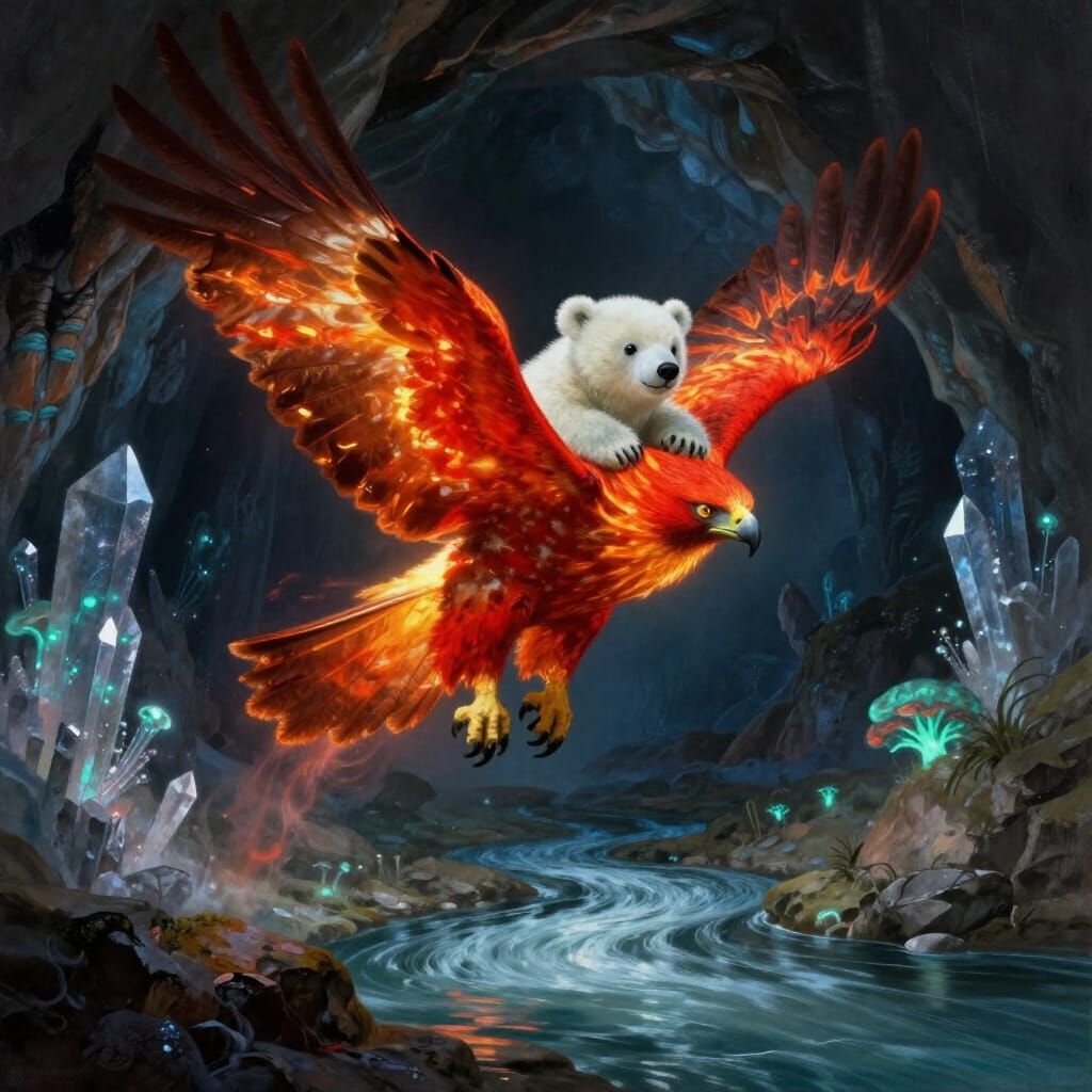 Fire Hawk Carries Polar Bear Over River in Dark Cave