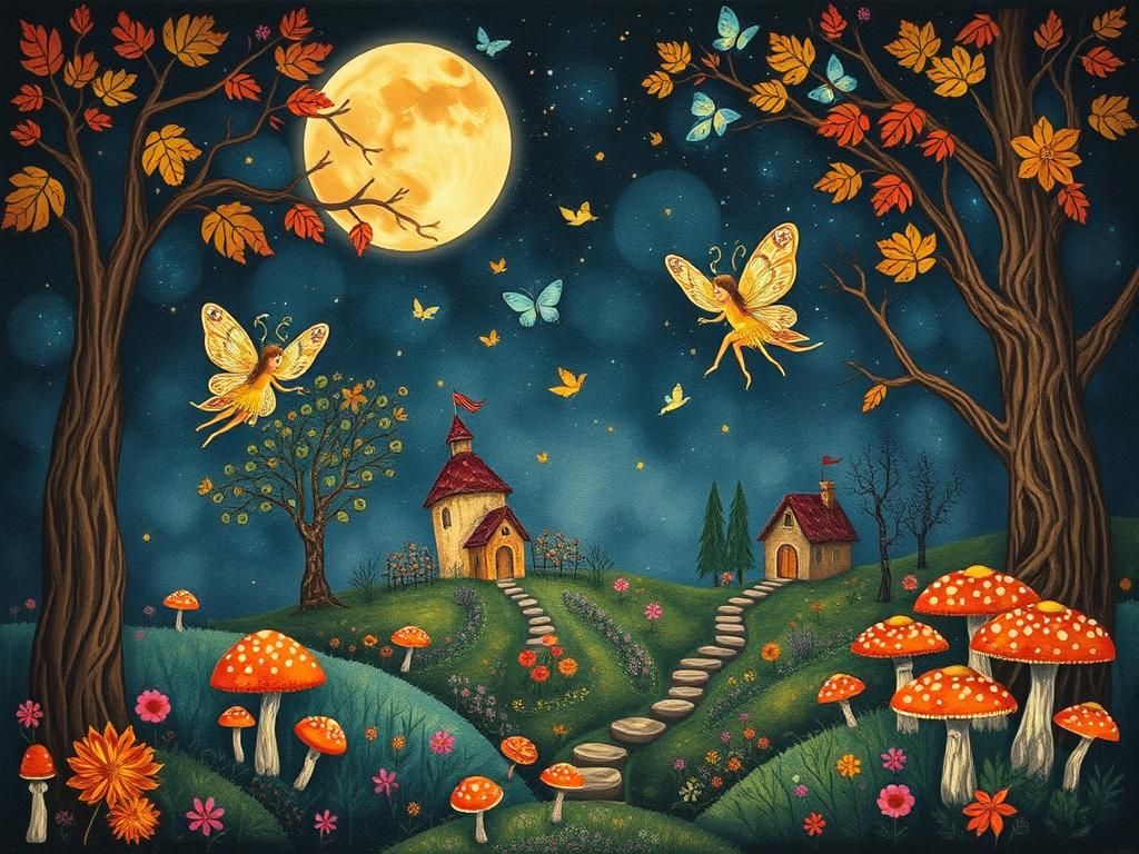 Bioluminescent Fairies in Magic Forest: Naive Art