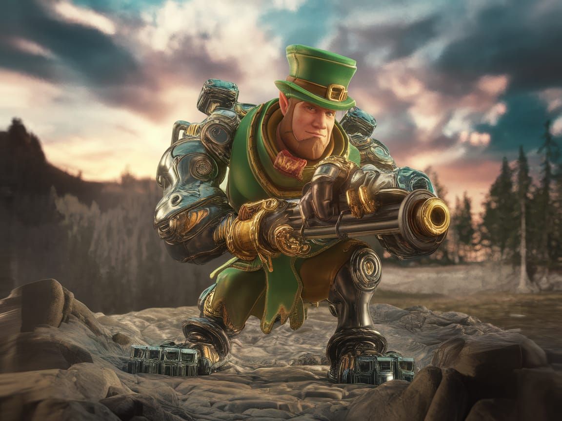 Futuristic Leprechaun Sharpshooter in Prehistoric Times
