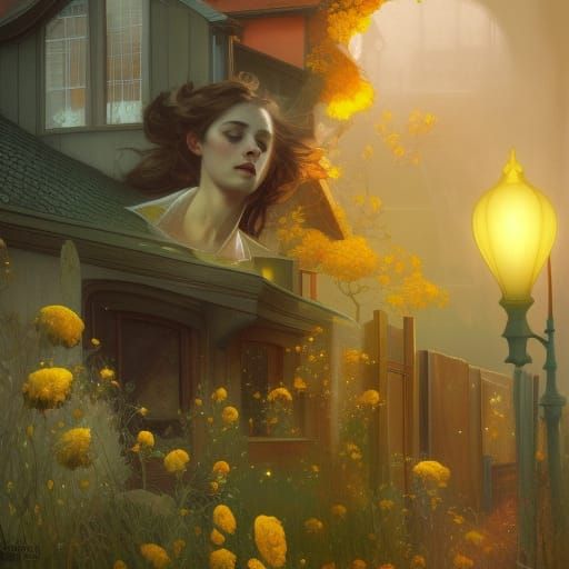 Dreamscape: Yellow House with Black Dog Portrait