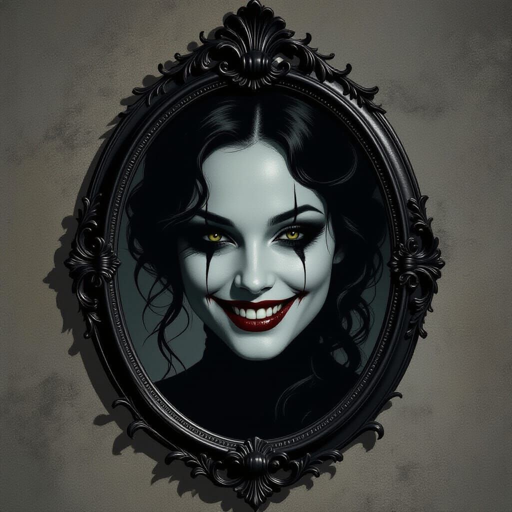 Eerie Mirror Reflection with Wide Smile in Horror Aesthetic