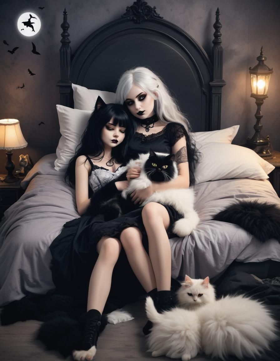 Gothic Woman and Cat at Bedtime