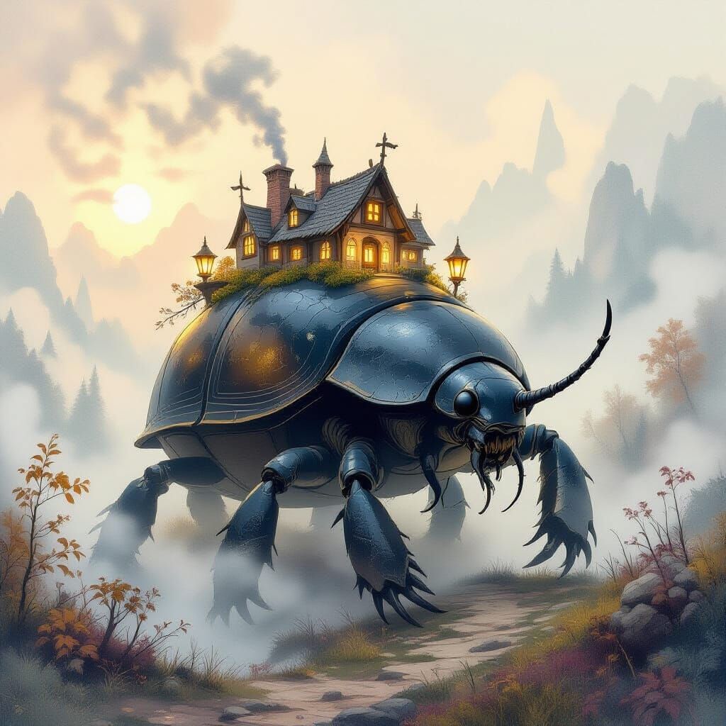 Ancient Obsidian Beetle Carries Glowing Village in Autumn Mi...