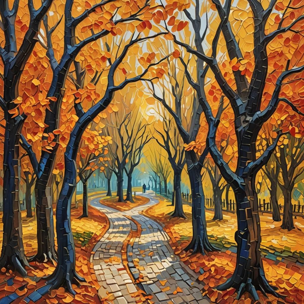 Golden Autumn Path: Impasto Oil Painting
