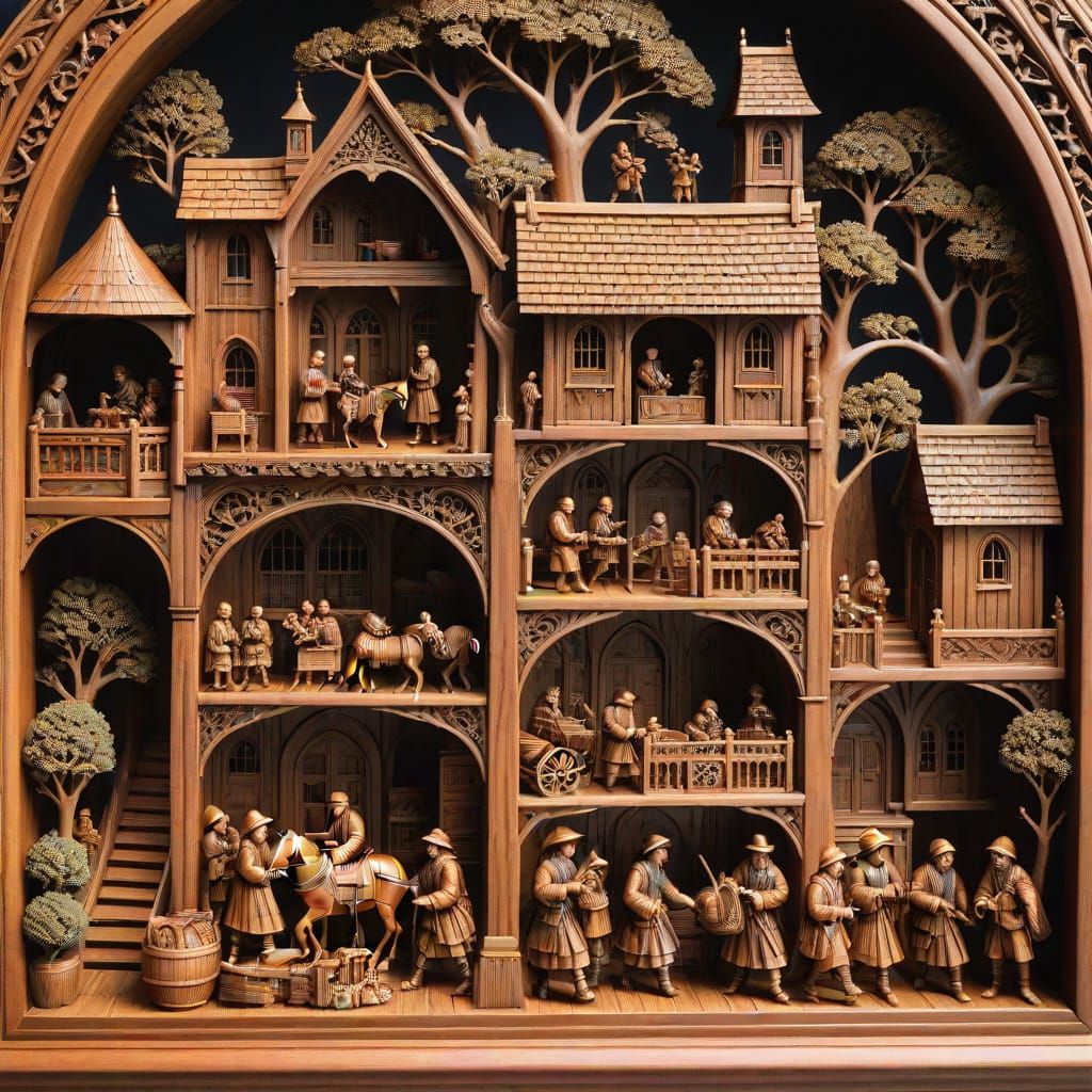 Detailed Gothic Boxwood Carving of Medieval Village Life