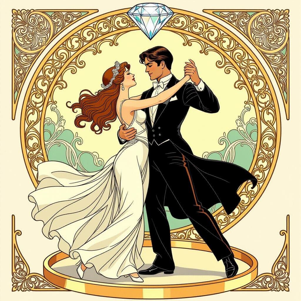 Romantic Waltz on Diamond Ring in Art Nouveau Style