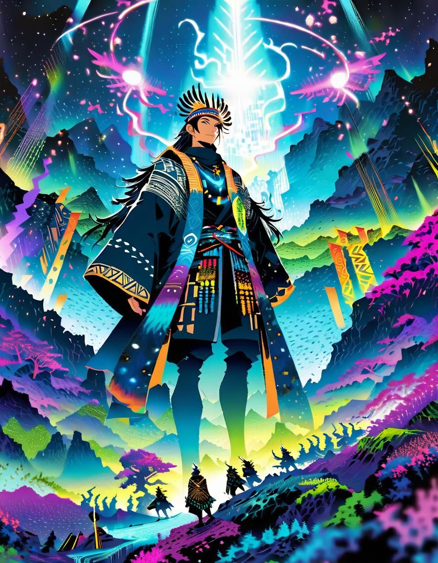 Divine Hero in Mountain Landscape, Pointillism Art