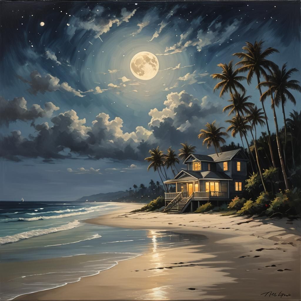 Picturesque Moonlit Beach House in Cinematic Style