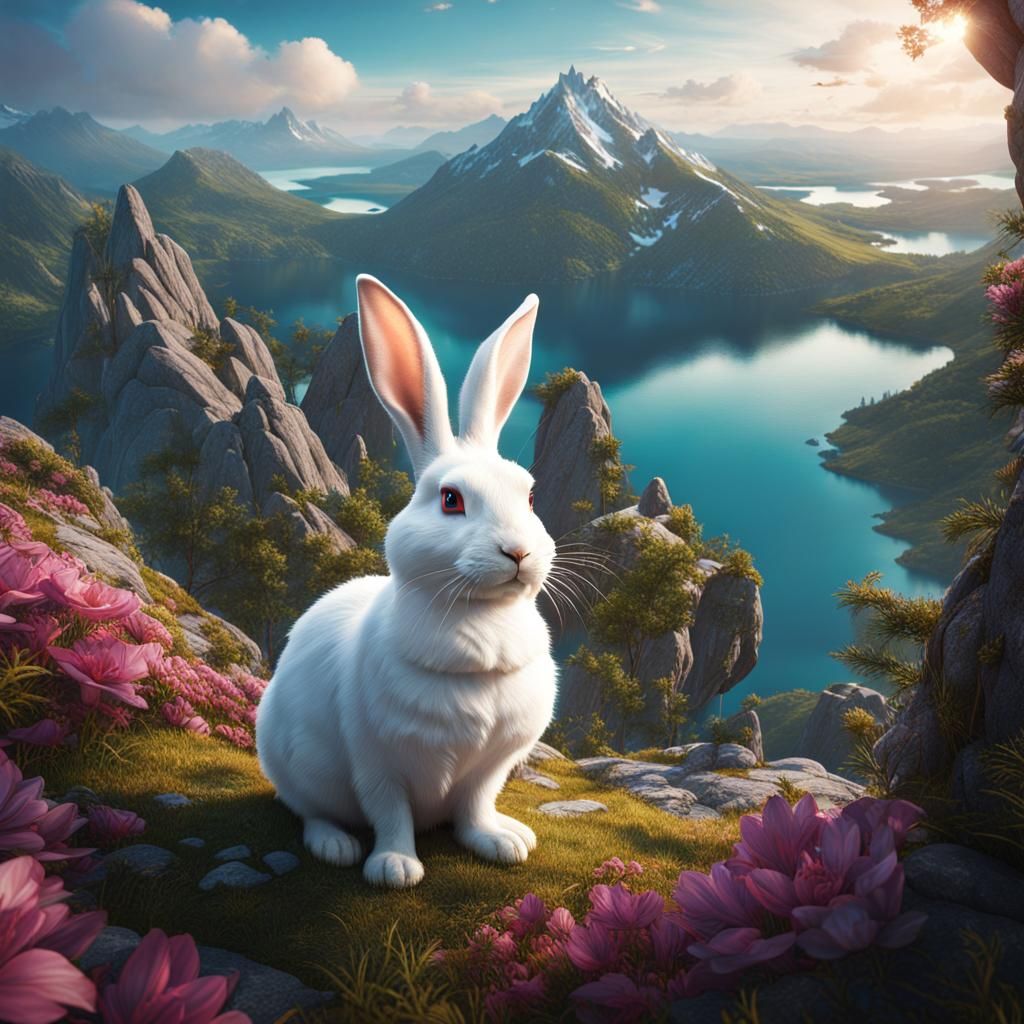 White Rabbit Overlooking Mountain Lakes in Matte Painting