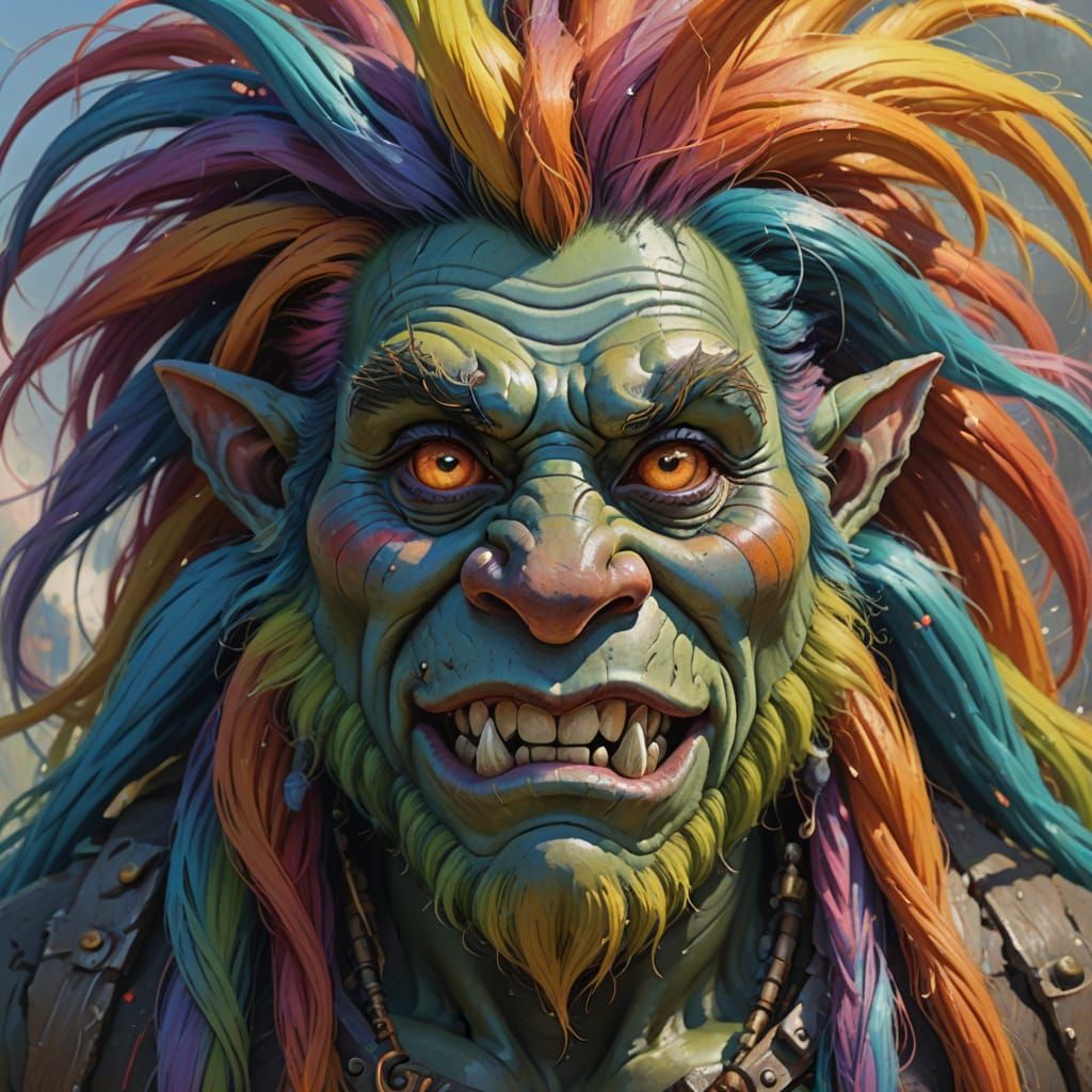 Rainbow-Haired Troll Concept Art in Oil Painting Style