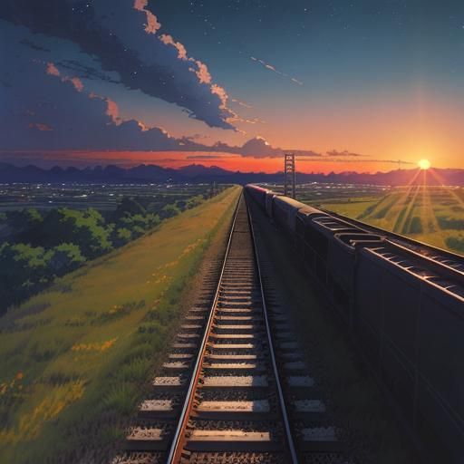 Anime Train Track Sunset in Makoto Shinkai Style