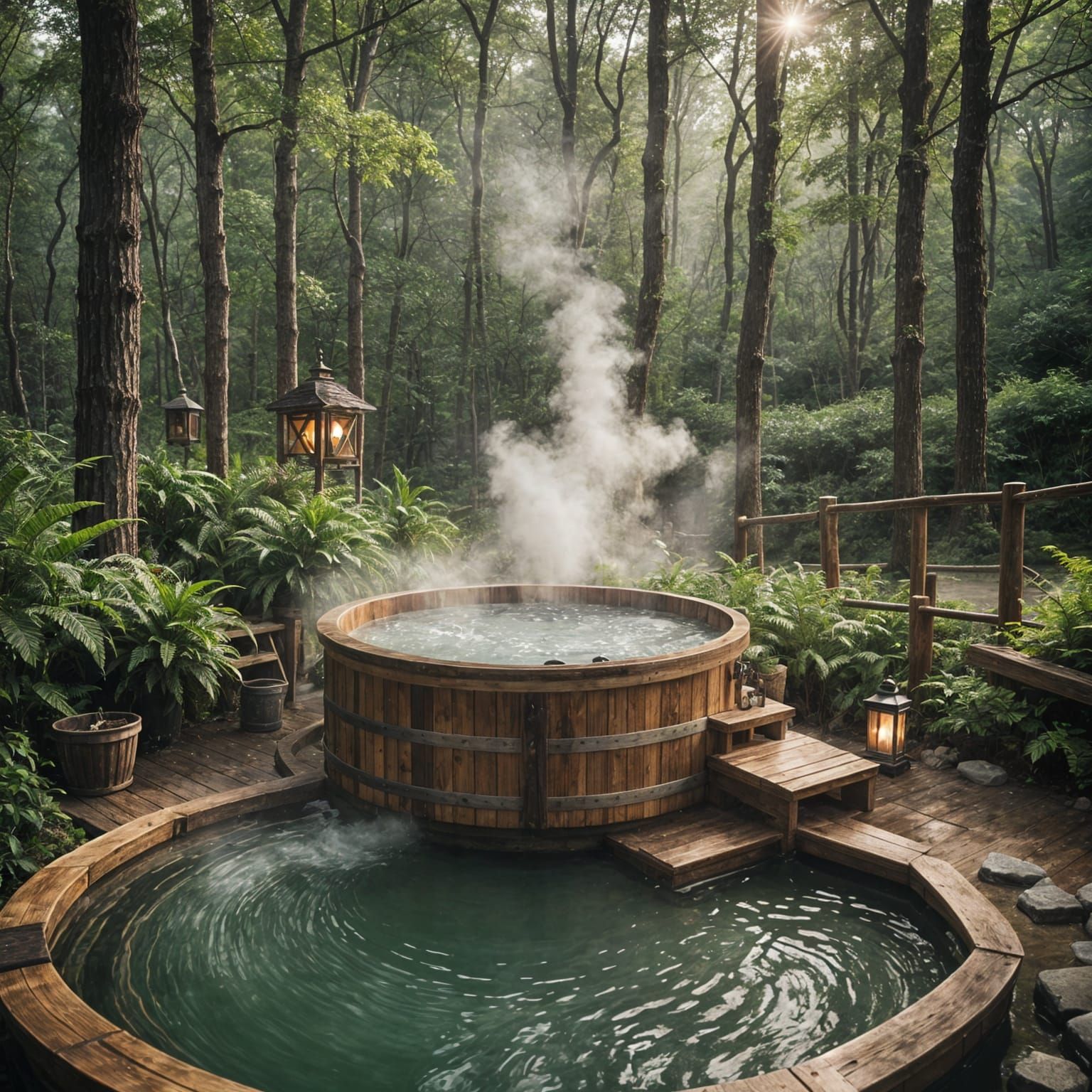 Rustic Wooden Hot Tub in Forest: Serene Spa Scene
