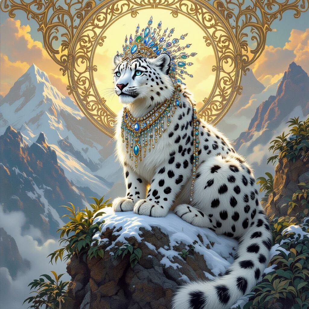 Snow Leopard Queen on Crystal Mountain: Art Nouveau Style