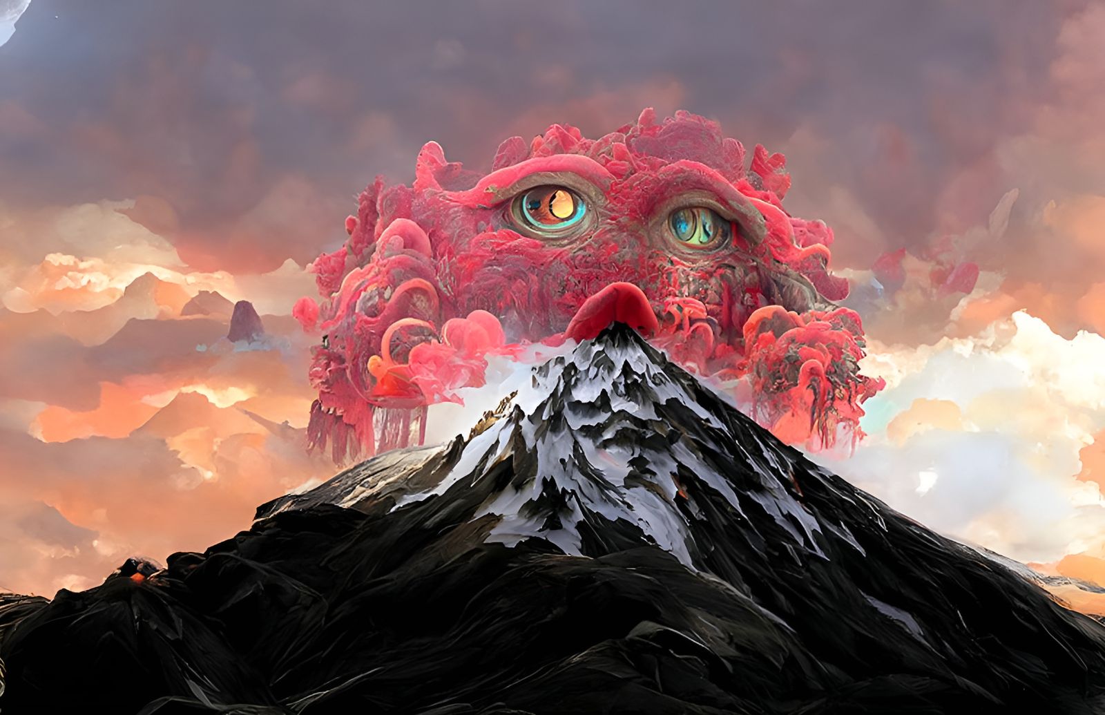 Mountain and Red Smoke Monster Painting