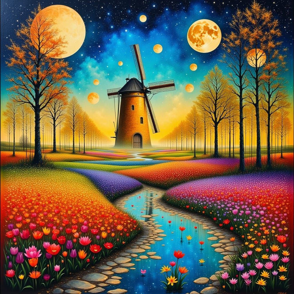 Surreal Autumn Garden Oil Painting with Windmill