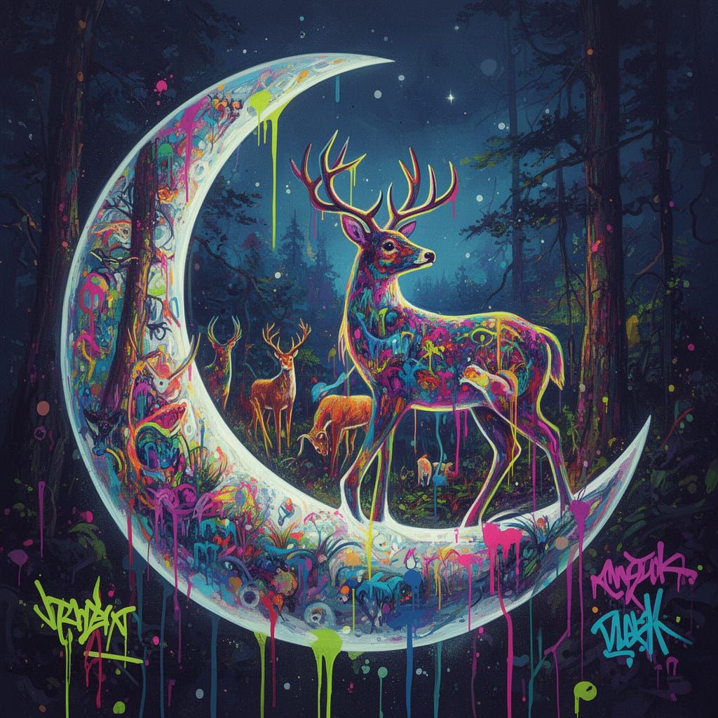 Neon Forest Deer Double Exposure in Moon Silhouette