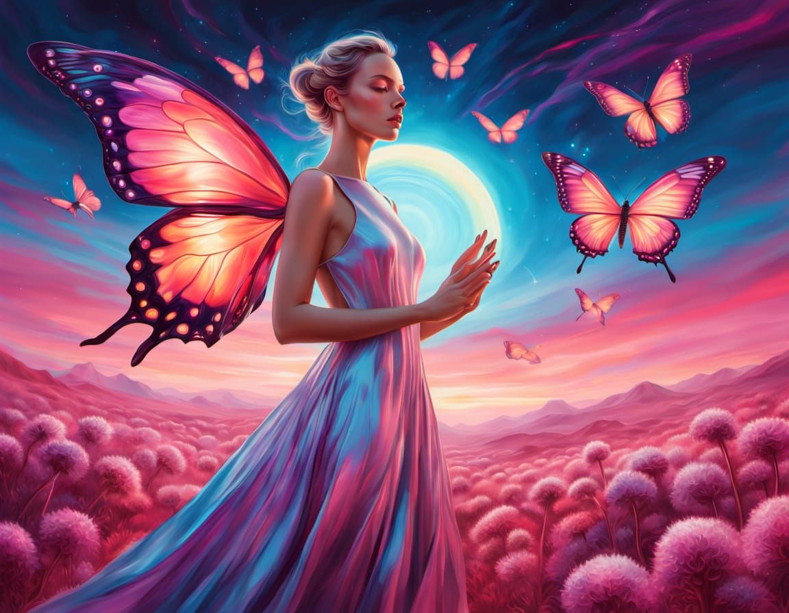 Ethereal Dreamscapes: Iridescent Butterflies Dance in a Fiel...