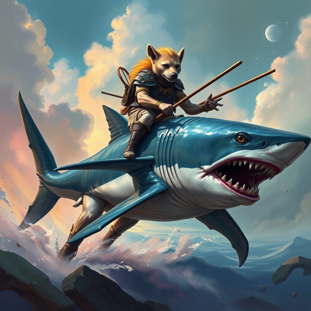 Hyena Warrior Rides Four-Legged Shark in Dreamscape