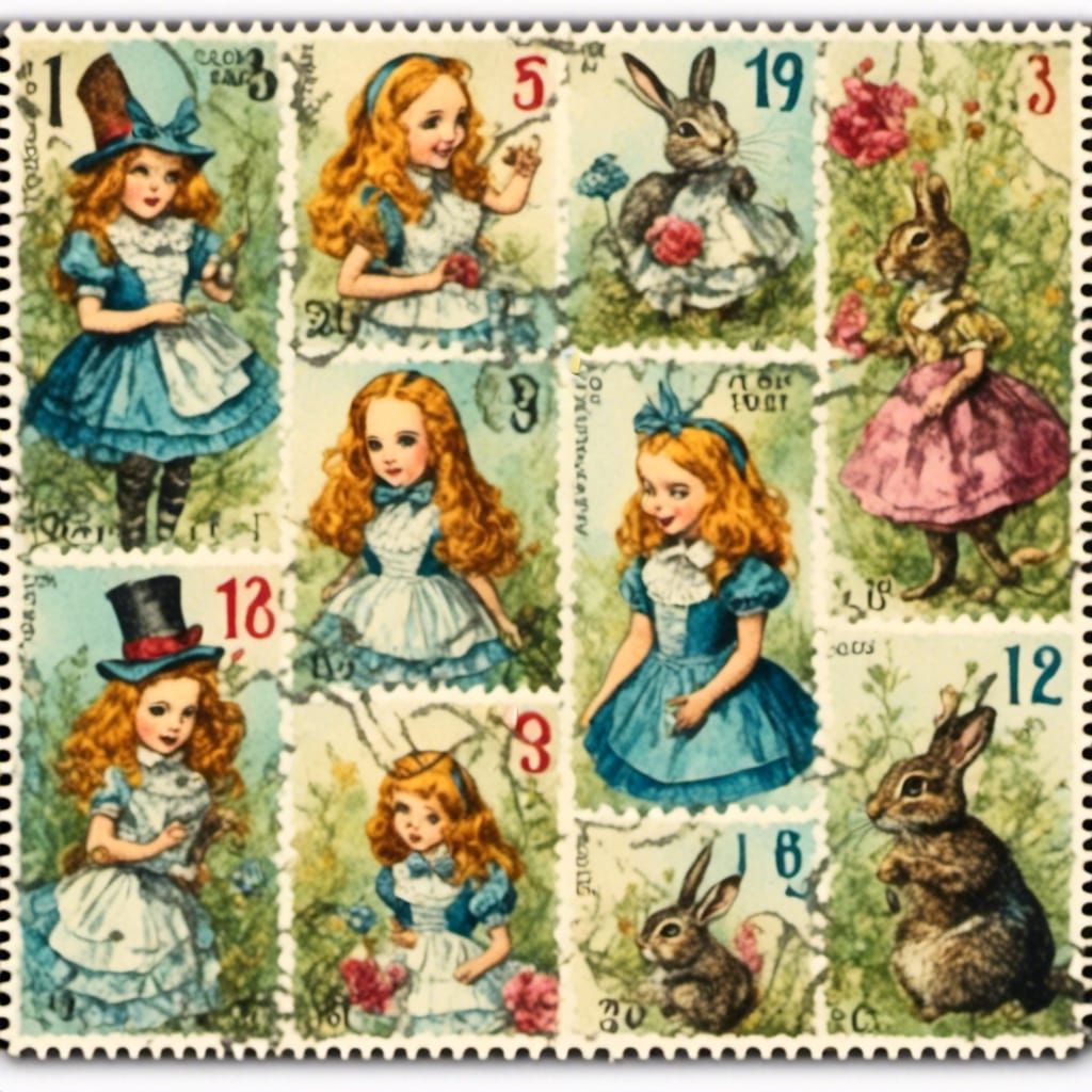Alice in Wonderland Watercolor Artistamps in Vintage Style