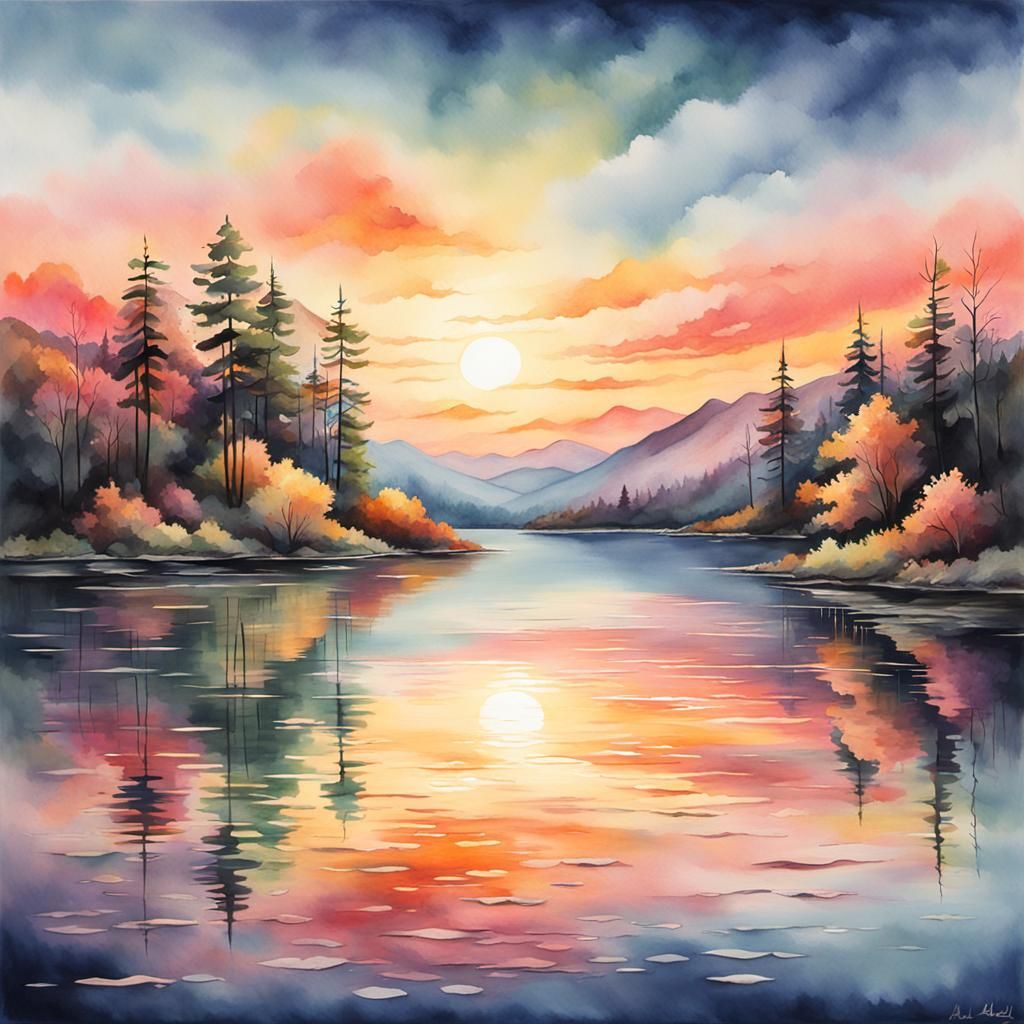 Tranquil Watercolor Sunset Over Calm Waters