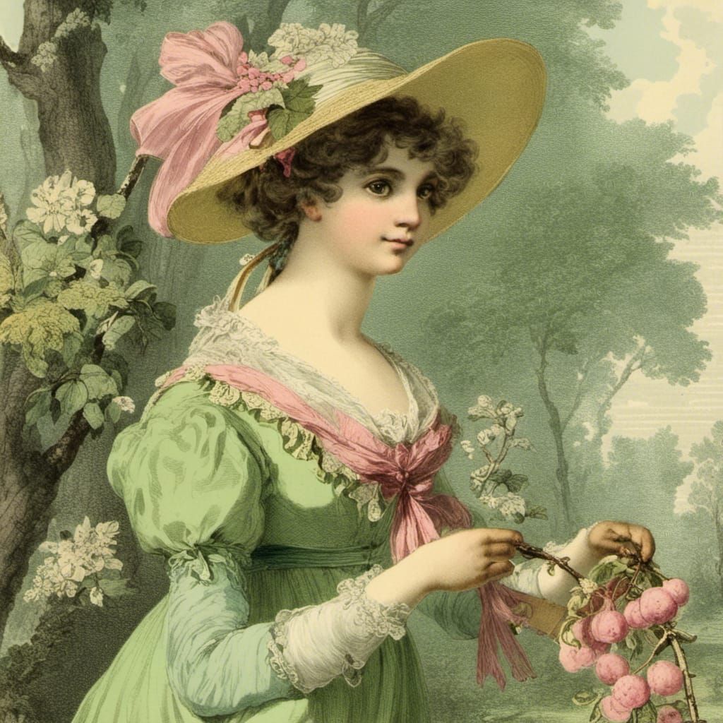 Girl in Regency Dress Picking Flowers in Garden