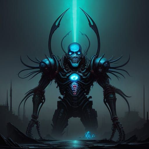 Biomechanical Abomination in Neon-Lit Industrial Hell