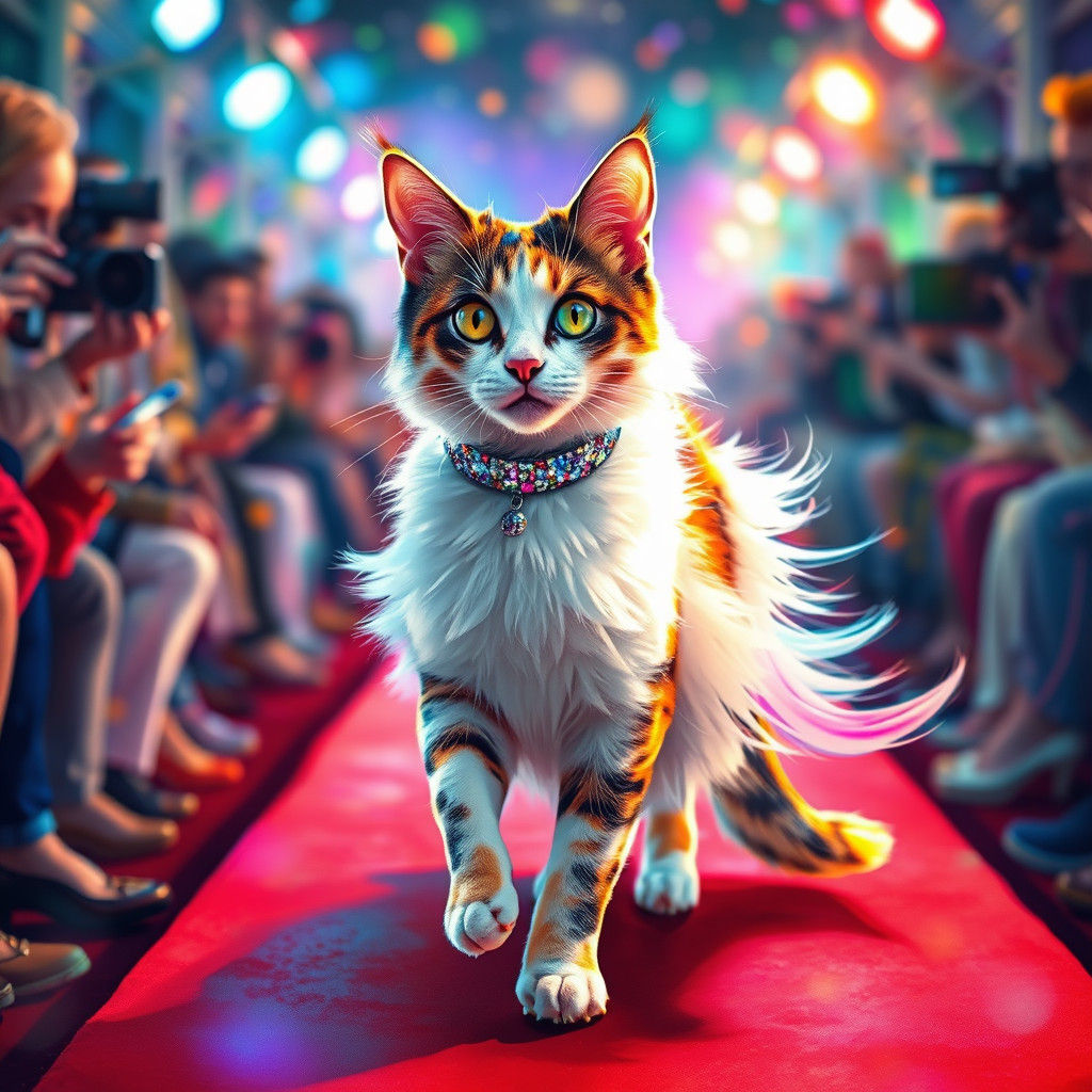 Calico Cat Model on Runway in Watercolor Style