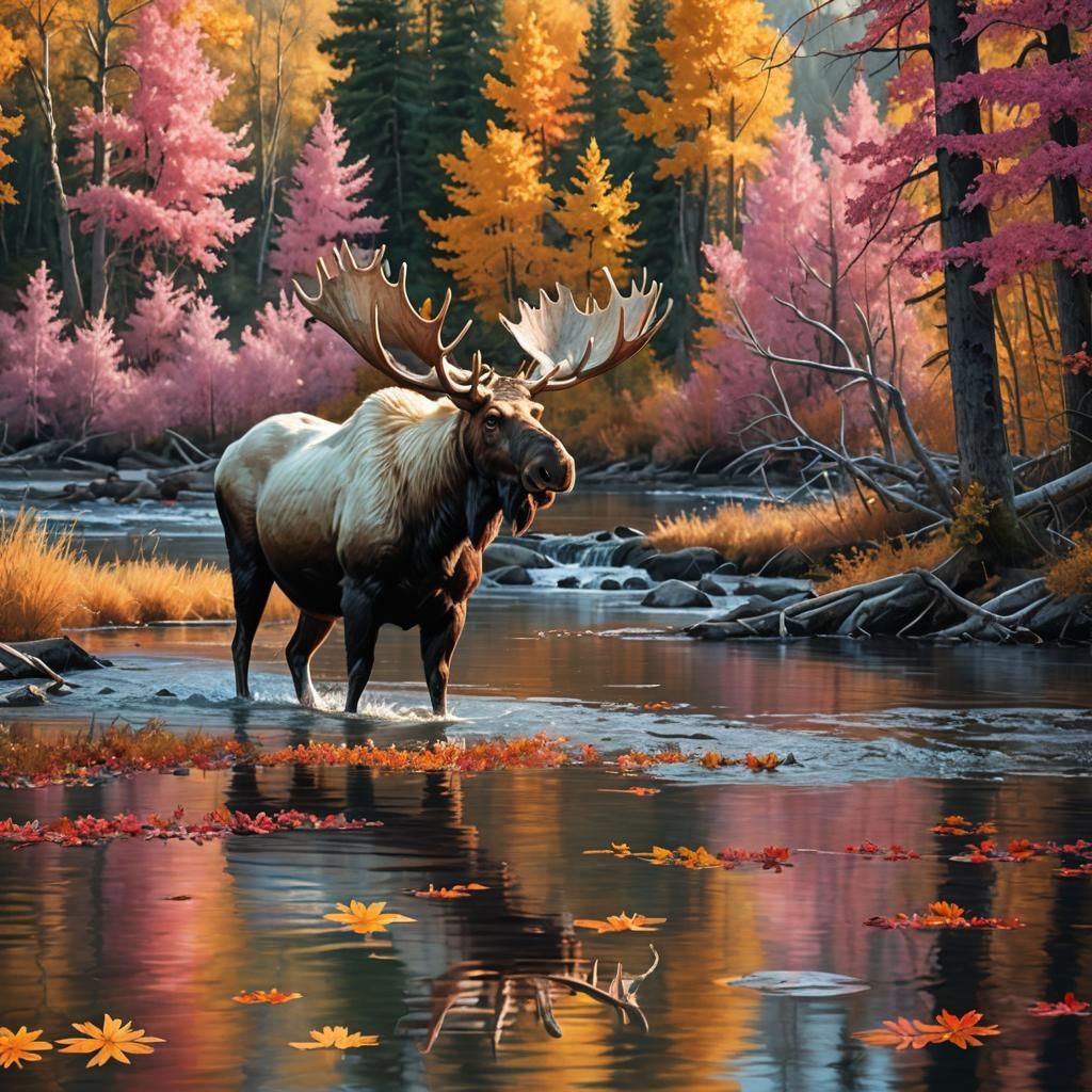 Albino Moose in Autumn River: Digital Matte Painting