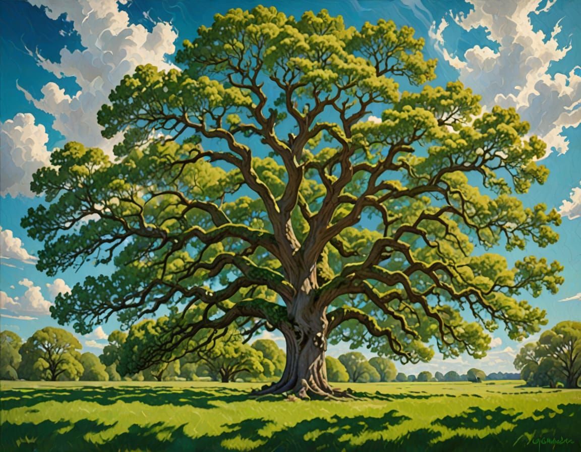 Majestic Oak Tree in Vibrant Spring Landscape