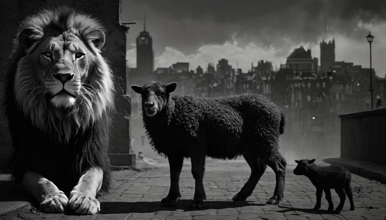 Lion and Lamb in Moody Cityscape