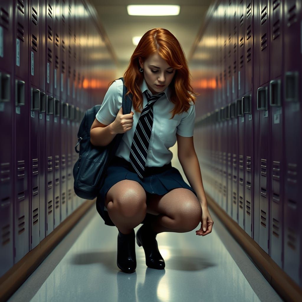 Cinematic Woman in Locker Hallway, Influenced by Master Cine...