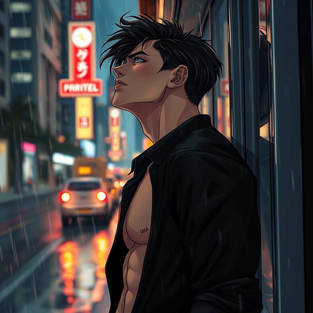 Anime-Inspired Cityscape with Moody, Handsome Figure
