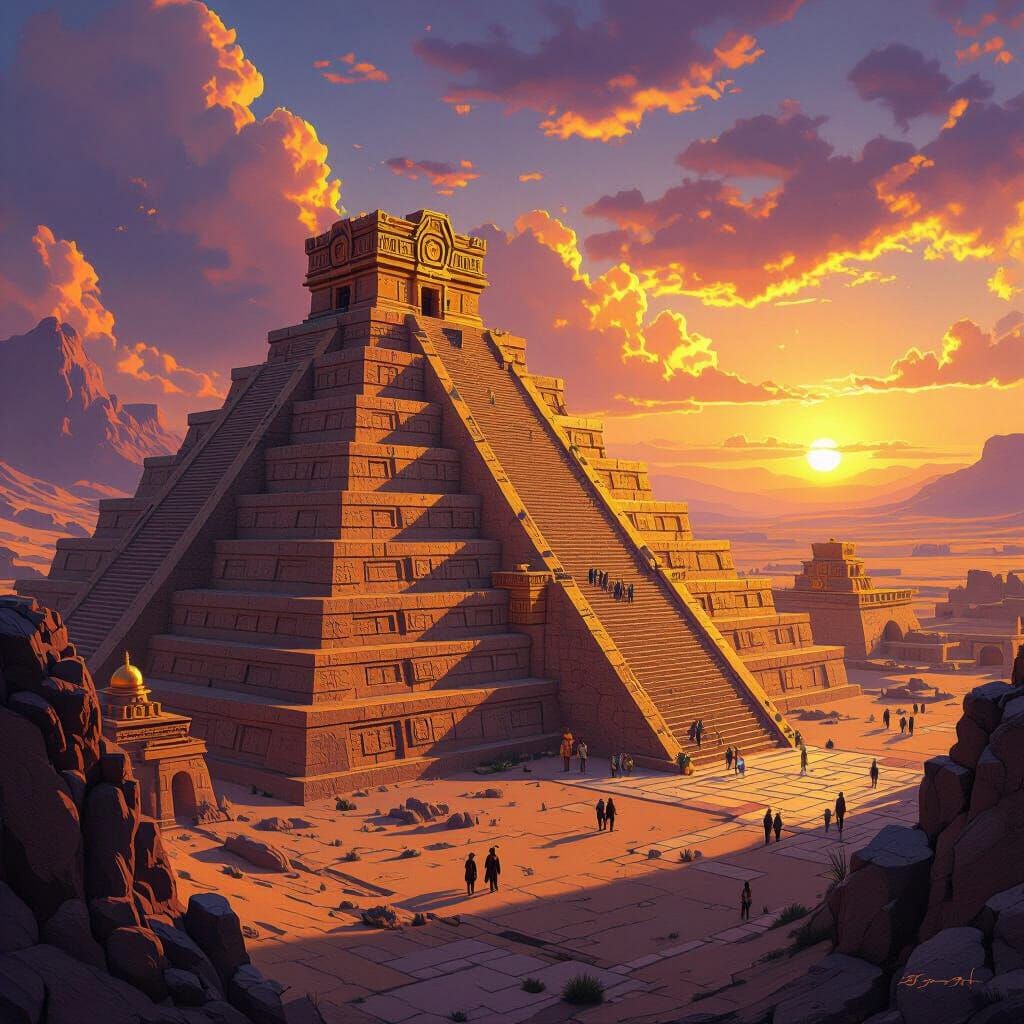 Majestic Aztec Desert Cityscape in Golden Hour Light