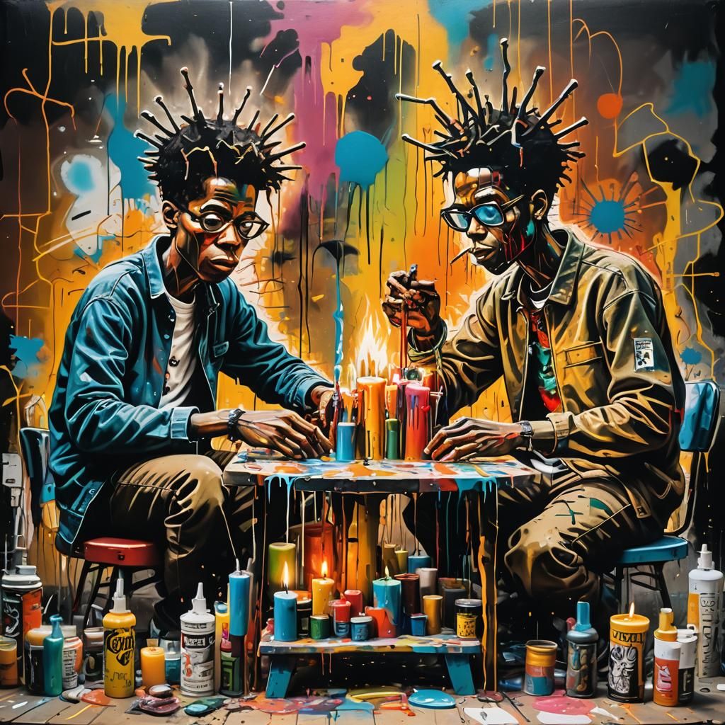 Arachnid Men Crafting Candle Statues in Graffiti Art