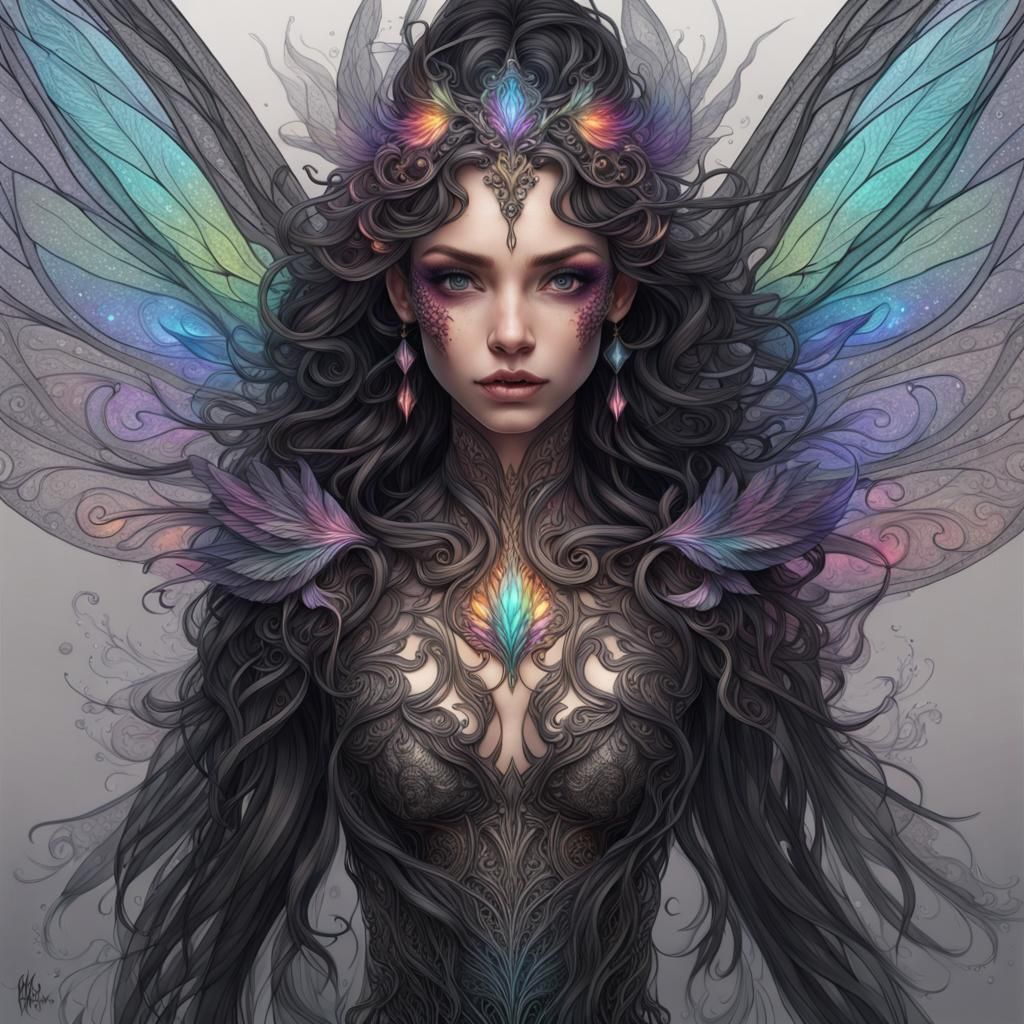 Crystal Fairy Portrait with Rainbow Flames and Filigree Wing...