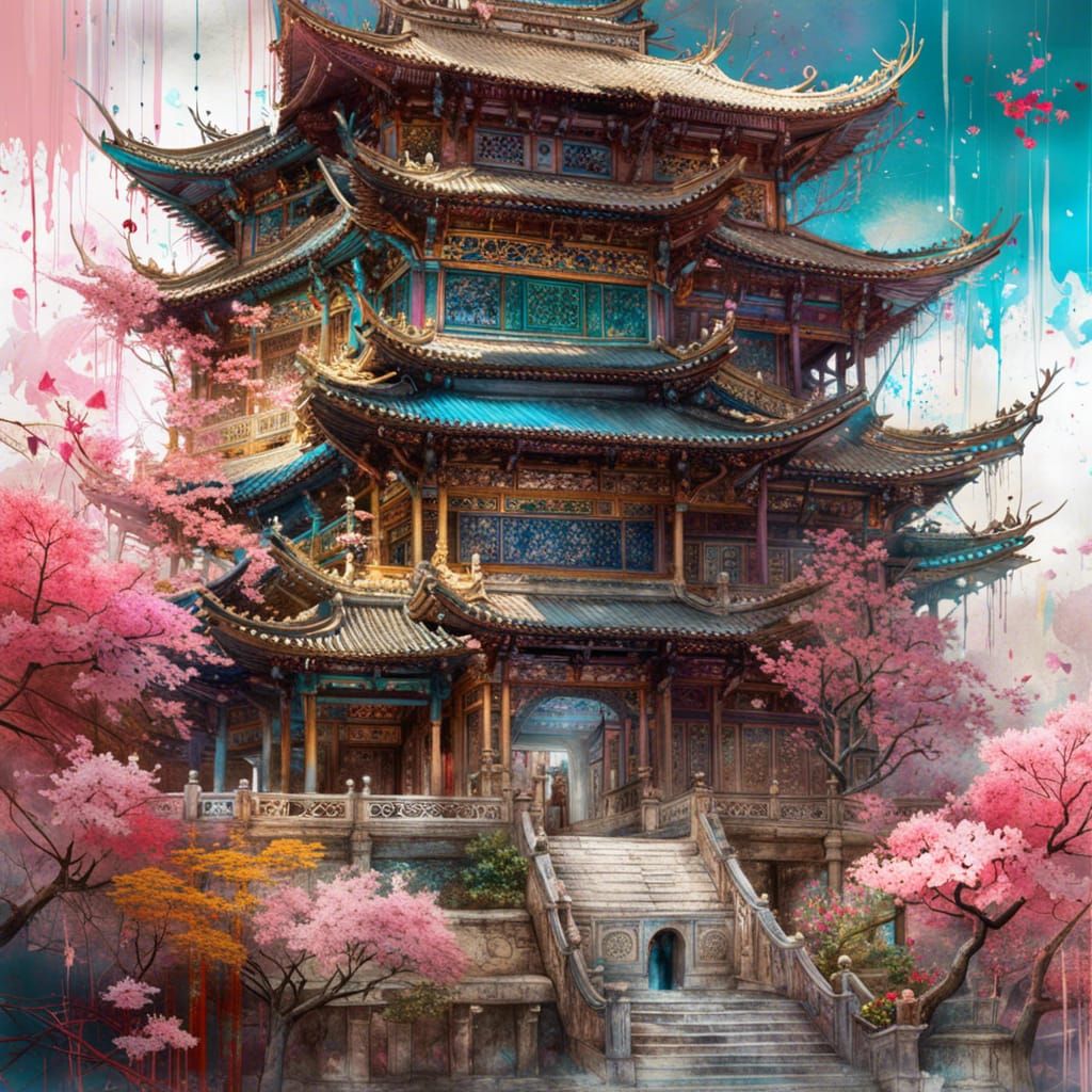 Chinese Palace in Sakura Garden: Detailed Concept Art