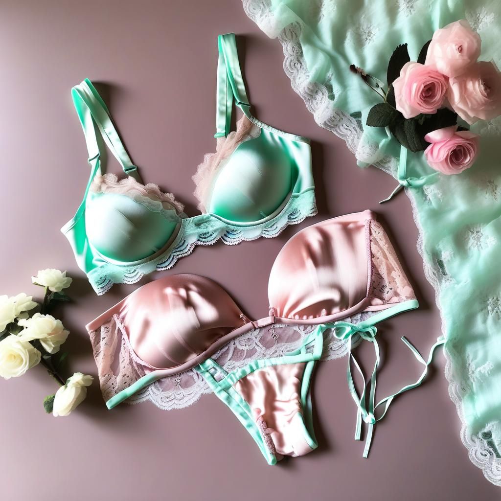 Pastel Silk Lingerie Set: Mint and Pink Lace