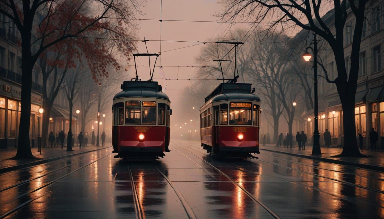 Vintage Red Tram in Misty Twilight City