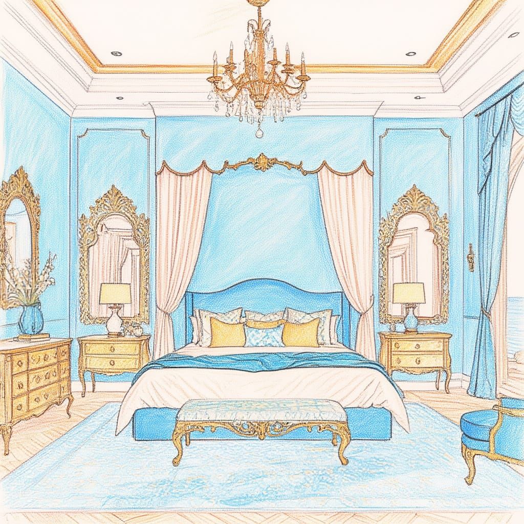 Luxury Teal and Gold Bedroom Overlooking Ocean