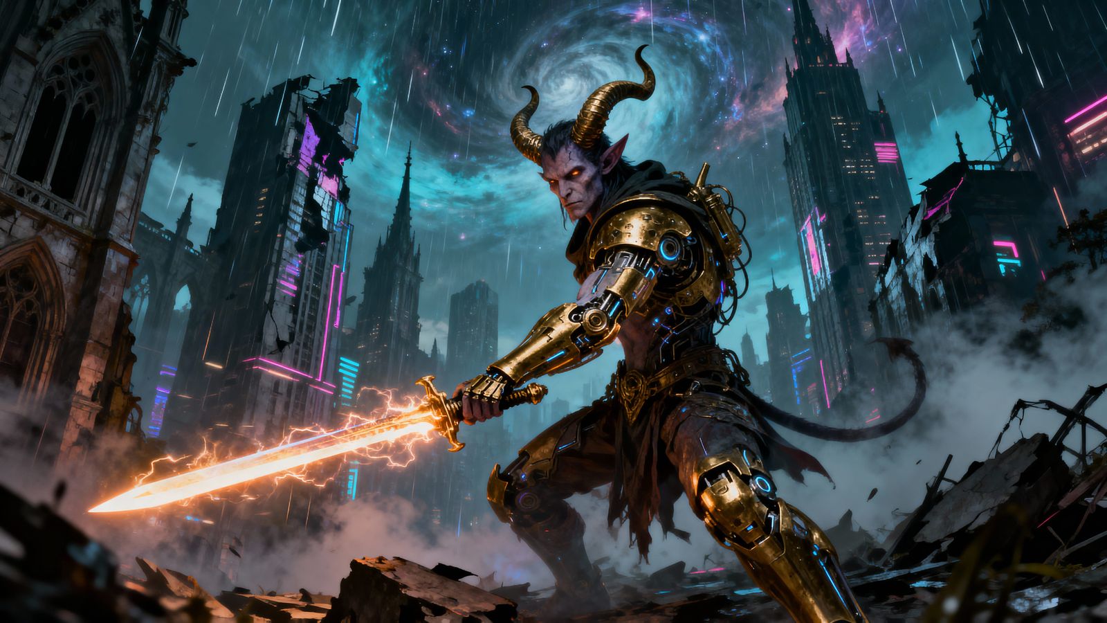 Cybernetic Tiefling Wields Plasma Sword in Gothic Ruins