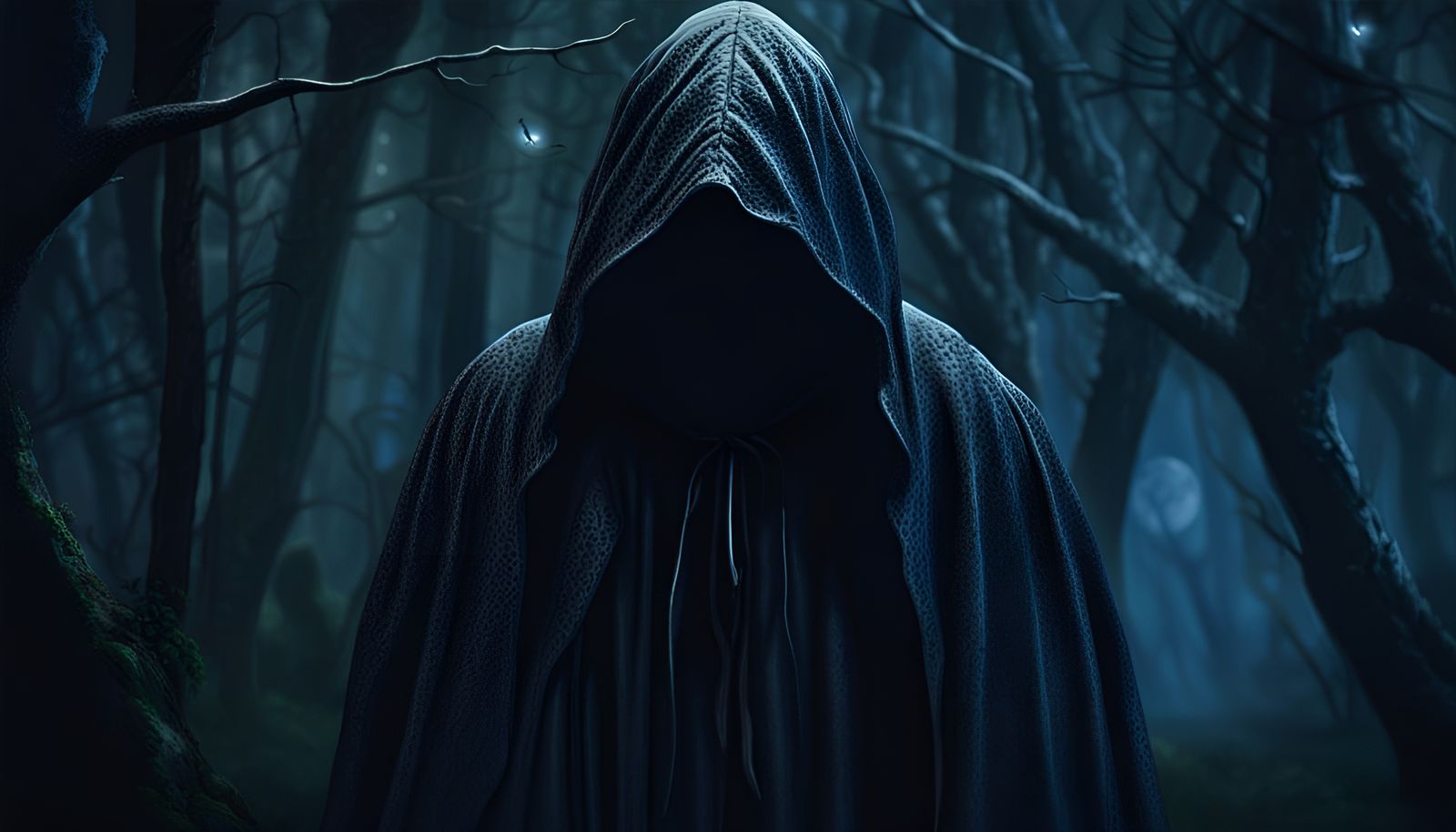 Ominous Cloaked Figure in Dystopian Forest
