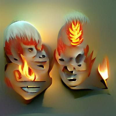 Two Flaming Heads Floating in Darkness