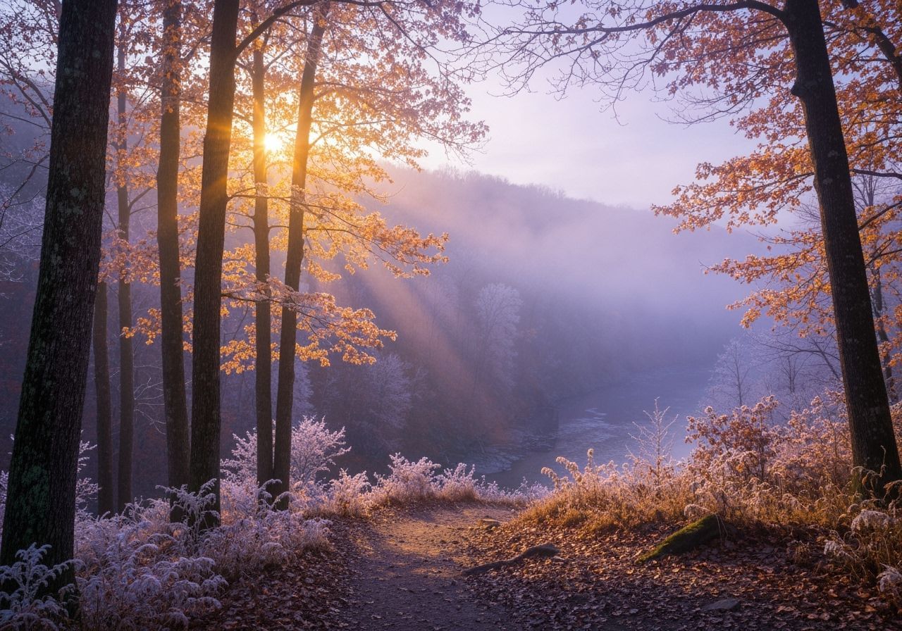 Autumn Valley River Trail with Golden Light and Mist