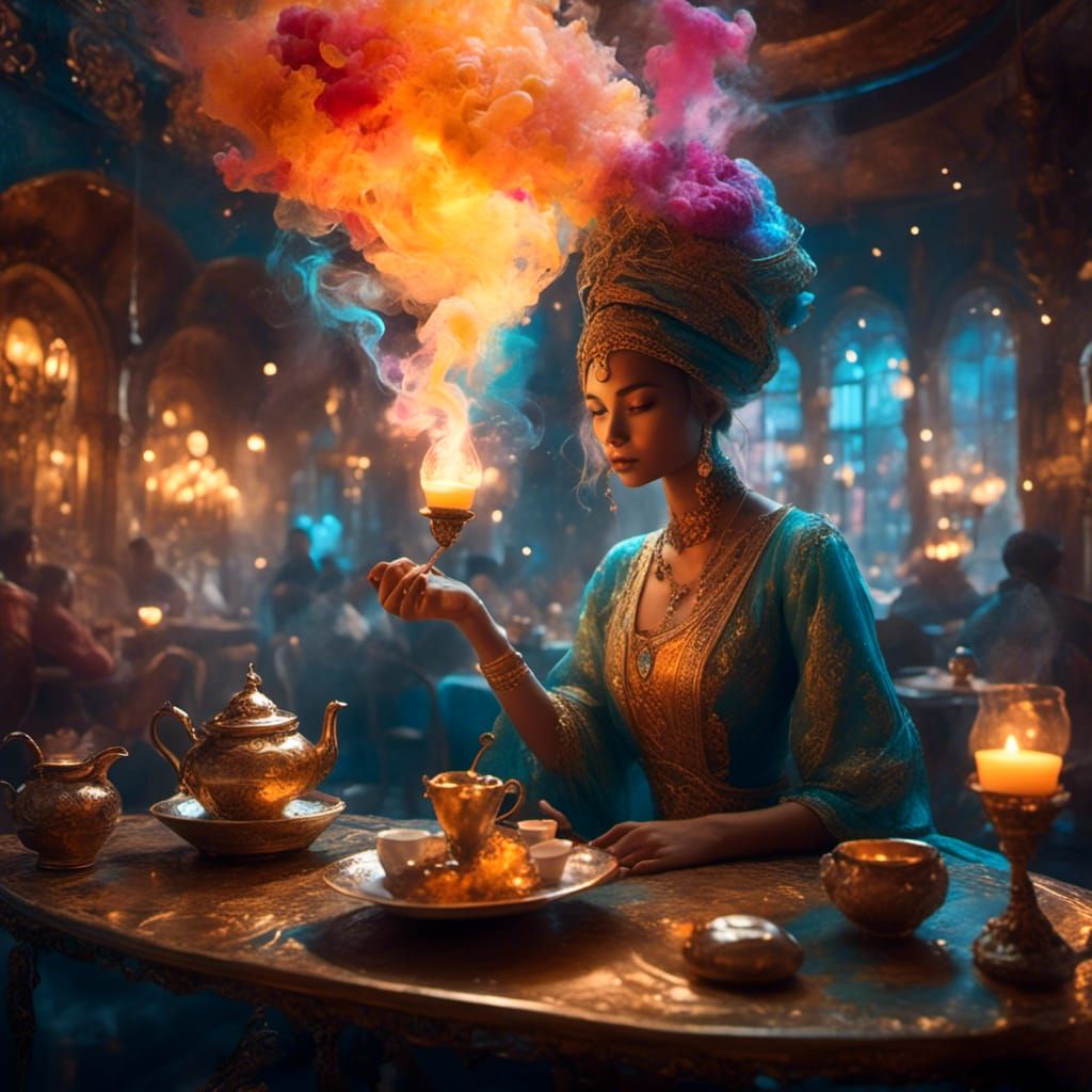 Ethereal Genie Serves Tea in Mystical Cafe
