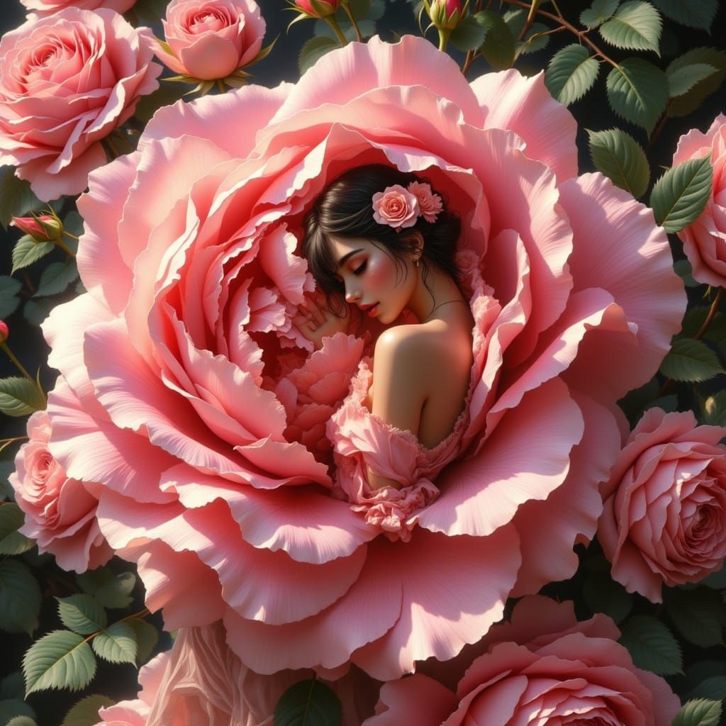 Woman on Giant Rose in Pin-Up Anime Style