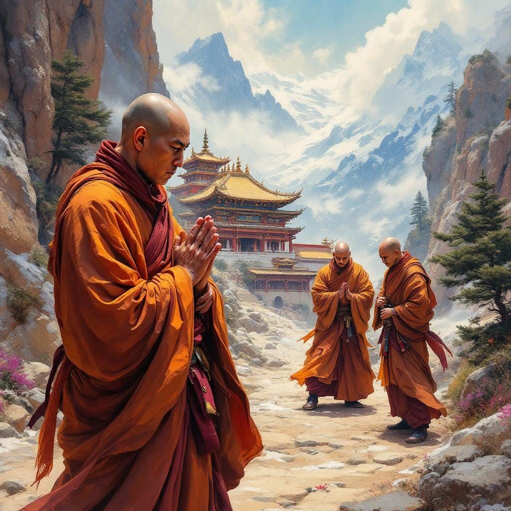 Monks at Mountain Monastery: Impressionist Gouache and Water...