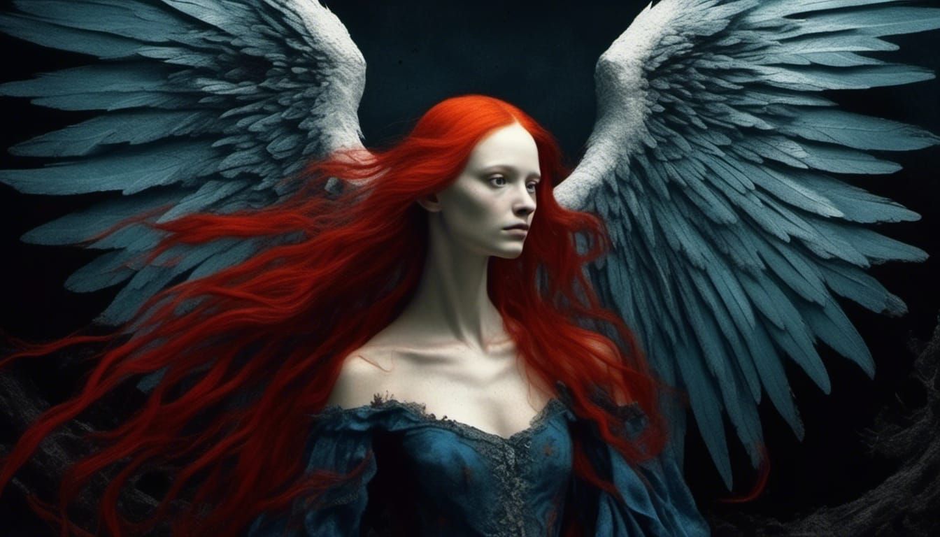 Biohorror Angel with Ripped Wings in the Night