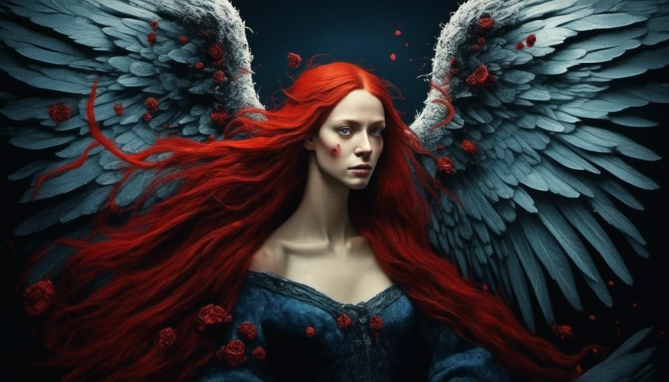 Biohorror Angel With Ripped Wings, Hyperrealistic