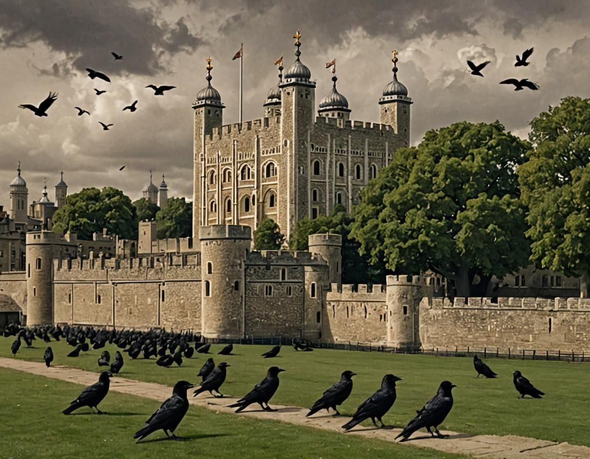 Majestic London Tower Surrounded by Intelligent Ravens