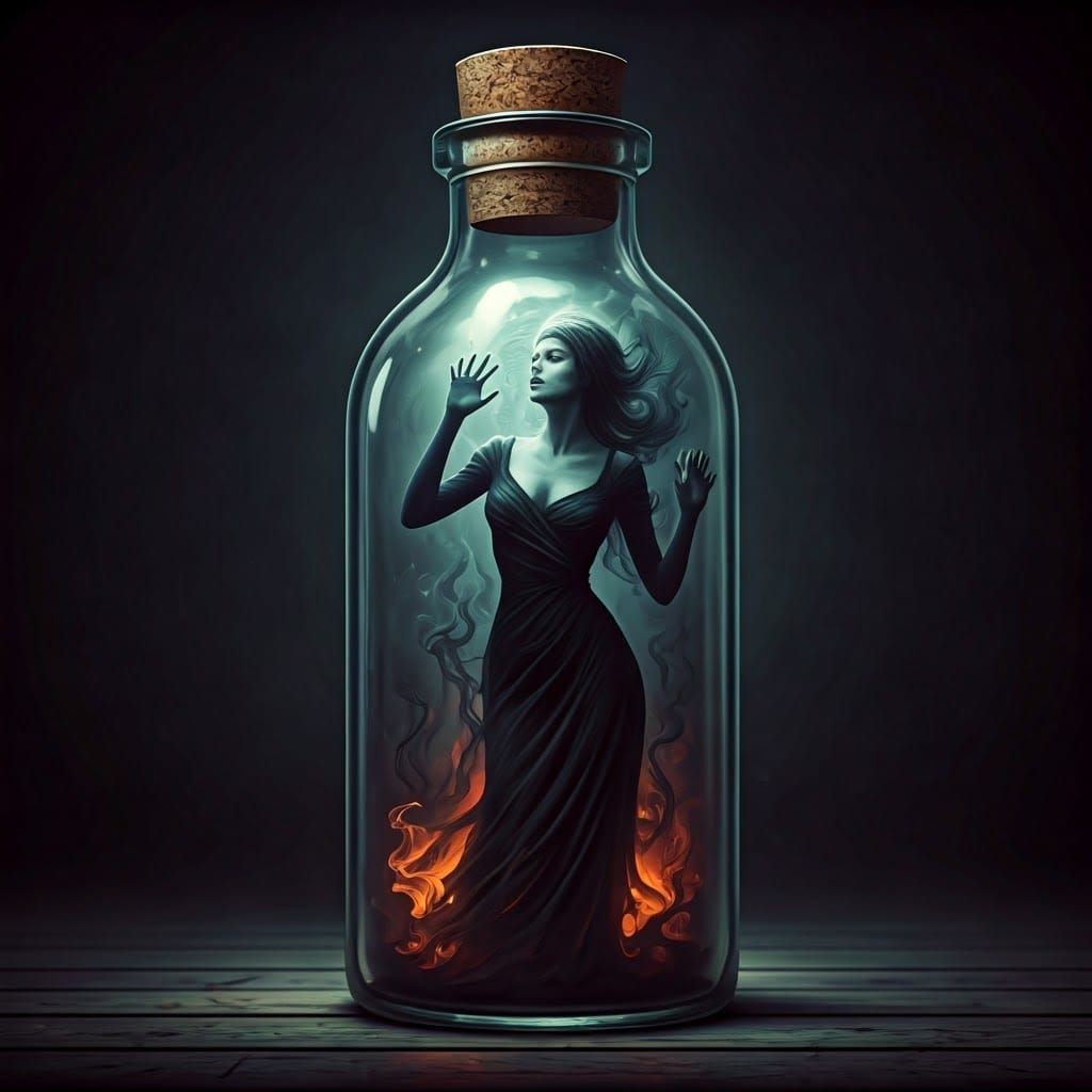 Shadow Woman Trapped in Glass Bottle